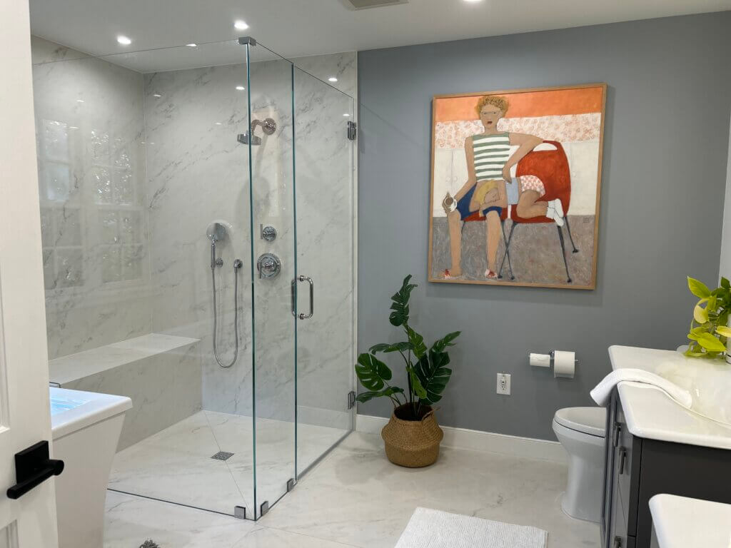 Bathroom Remodeling by Swish Baths. Completed Porcelain Slab Bathroom Remodel.